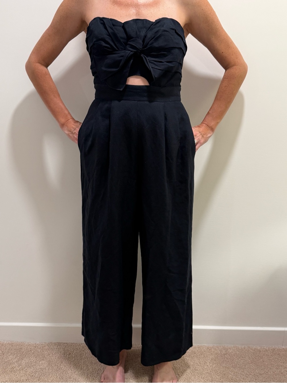 Astars Black Strapless Wide-Leg Jumpsuit with Front Twist